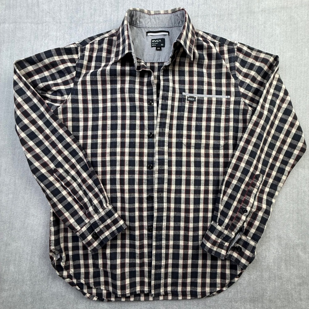 RVCA Mens XS‎ Plaid Button Down Shirt Long Sleeve Cotton Black White Red Regular